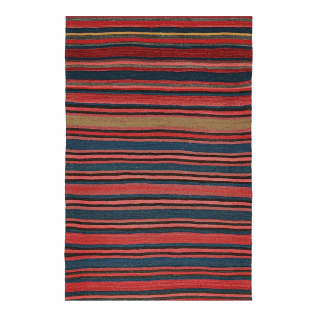 1950s Vintage Bidjar Persian Kilim in Red With Multicolor Stripes, From Rug & Kilim -4'8''x7' For Sale
