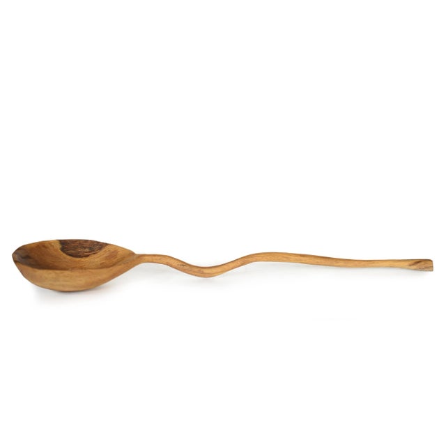 Wood Vintage Hand Carved Wavy Curve Irregular Handle Large Spoon Ladle For Sale - Image 7 of 7