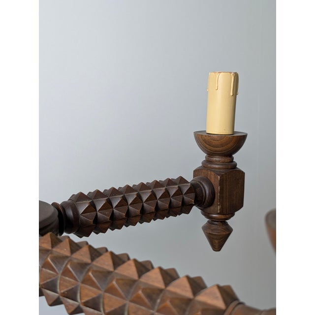 French Brutalist Carved Wood Chandelier by Charles Dudouyt, 1940s For Sale - Image 11 of 15