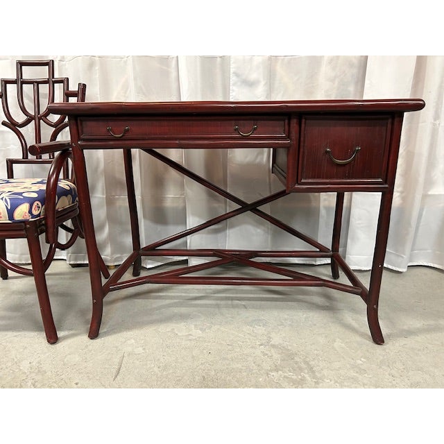 Vintage 20th Century rattan writing desk and chair for Worrells. Armchair / 37"tall x 22.5"wide x 22"deep