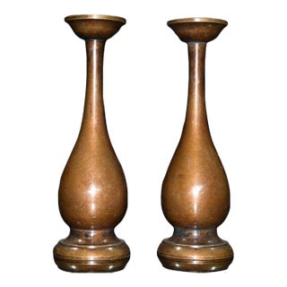 Vintage Pair Solid Copper Tall Candlesticks, Elegant Pear Shape Stemmed Candle Holders, Chinoiserie Matching Altar Set For Sale