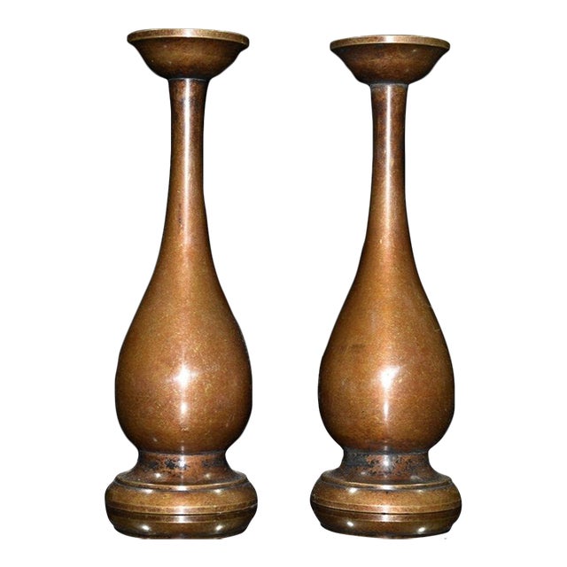 Vintage Pair Solid Copper Tall Candlesticks, Elegant Pear Shape Stemmed Candle Holders, Chinoiserie Matching Altar Set For Sale