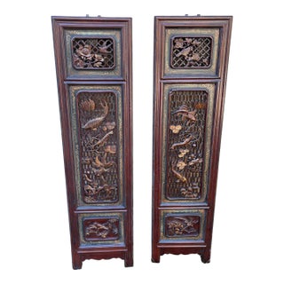 1875 Chinese Red Intricate Wooden Carved Door Panels in Gold, a Pair For Sale