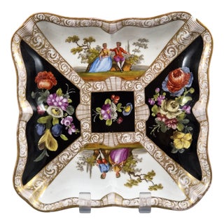 Porcelain Square Dish with Watteau Scenes and Black Ground from Meissen, 1850 For Sale