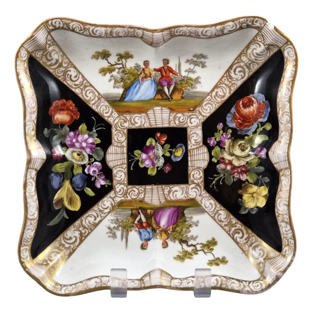 Porcelain Square Dish with Watteau Scenes and Black Ground from Meissen, 1850 For Sale