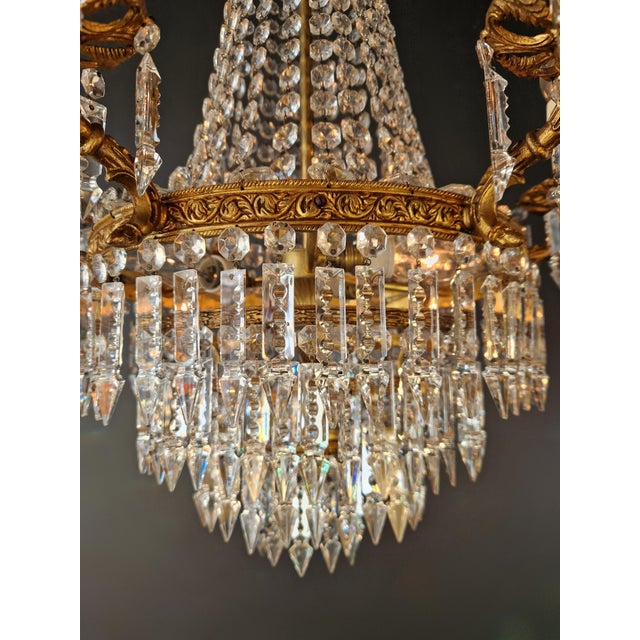 Antique Italian Baroque Style Crystal Chandelier Brass Basket Form Restored For Sale - Image 6 of 10