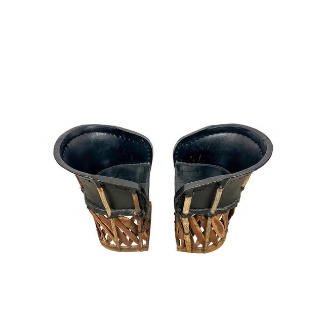 Rustic Vintage Equipale Barrel Tub Chairs in Black and Tan Leather, 1950s, Set of 2 For Sale - Image 3 of 13