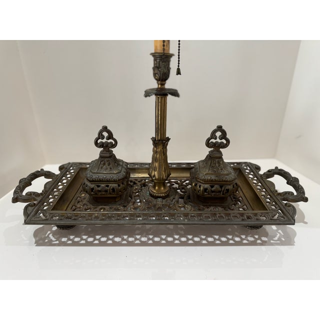 Antique Brass Pen & Ink Desk Set with Integrated Lamp – 21" x 18" x 8" Description: This antique brass pen and ink desk...