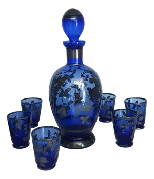 Blue Liqueur Glass Decanter and Glasses with Silver Overlay, Set of 7