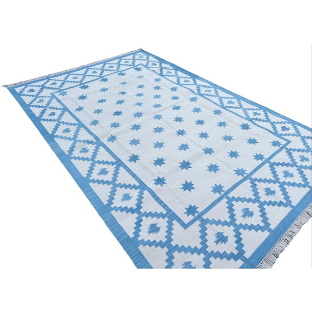 Textile Handmade Cotton Vegetable Dyed Sky Blue and White Star Patterned Diamond Rug - 8'x10' For Sale - Image 7 of 11