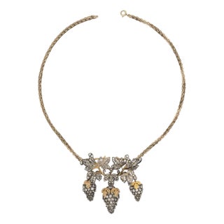 Antique 14k and Silver Top Diamond Grape and Leaf Necklace C. 1900s For Sale