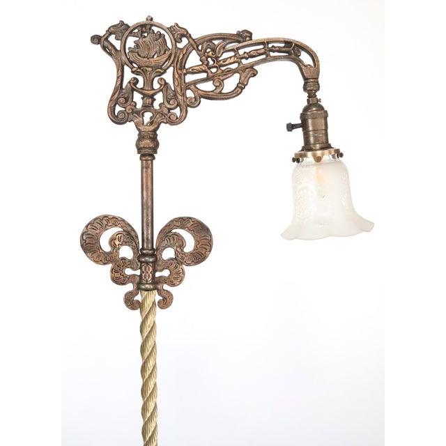 Mid 20th Century Mid 20th Century Art Nouveau Cast Iron Bridge Ruffled Glass Shade Floor Lamp For Sale - Image 5 of 12