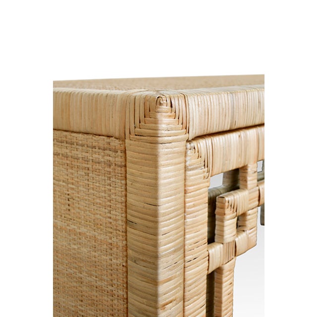 Contemporary Matthew Izzo Home Granada Natural Wrapped Rattan Four Door Buffet With Mirrored Doors and Greek Key Design For Sale - Image 3 of 7