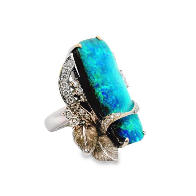 Contemporary 16.39 Carat Australian Boulder Opal Diamond Platinum Floral Cocktail Ring Size 6.5 For Sale - Image 3 of 4