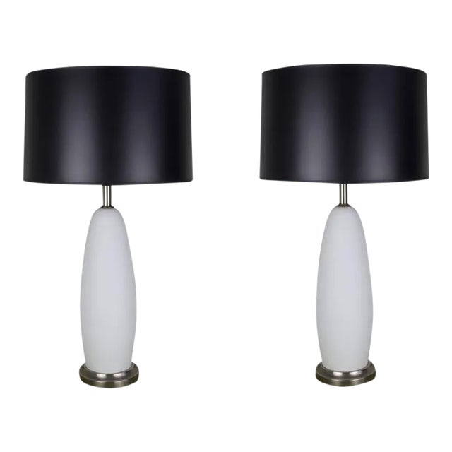 Metal Pair of Italian Mid-Century Frosted White Murano Glass Table Lamps, 1950s For Sale - Image 7 of 7