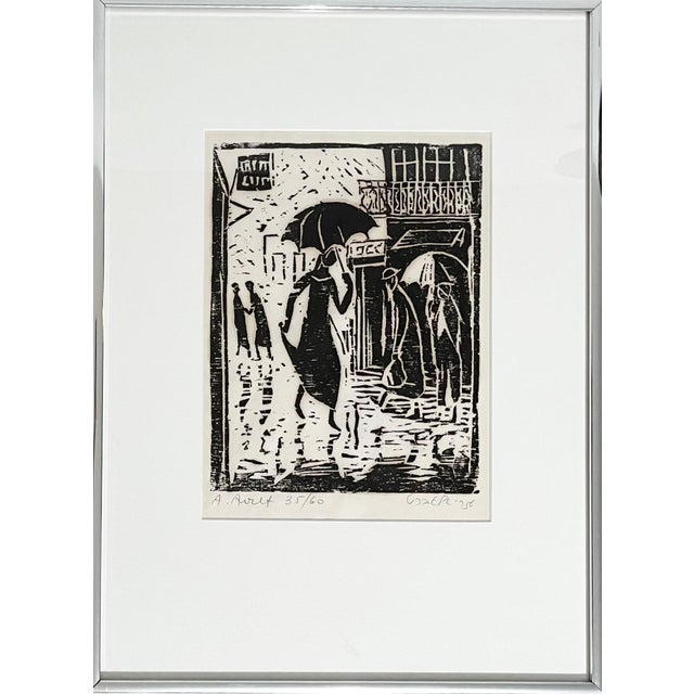 Black Irene Awret, Woodblock Print Polish Israeli Artist Azriel Awret Rainy Street Jerusalem Israel For Sale - Image 8 of 8