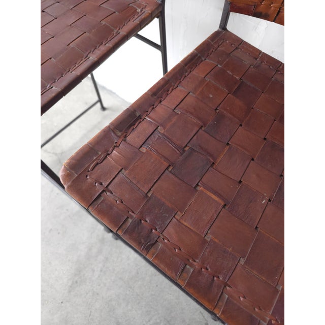1950s Pair of 1950s Woven Leather and Iron Bar Stools After Swift and Monell For Sale - Image 5 of 9