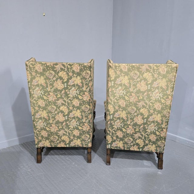 Set of Jacobean Walnut Wing Library Armchairs, 1910 For Sale - Image 3 of 13