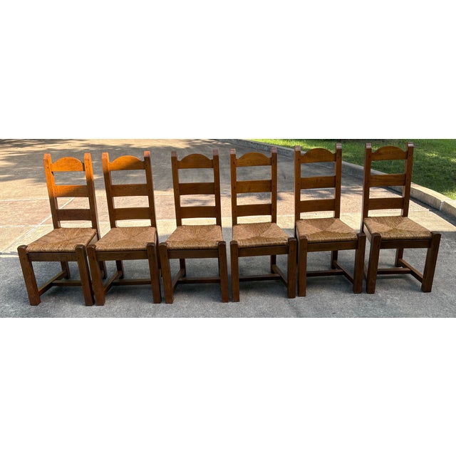 French Country Vintage French Country Chunky Ladder Back Dining Chairs With Rush Seats - Set of 6 For Sale - Image 3 of 9
