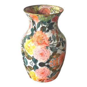 English Regency Botanical Peony and Rose Floral Reverse Decoupage Glass Vase, Water-Safe Baluster Form, With Resin Finish