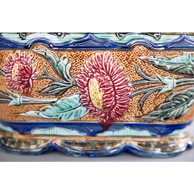 Ceramic Antique Wasmuel Majolica Barbotine Sunflower Jardiniere Cachepot, Circa 1880 For Sale - Image 7 of 15