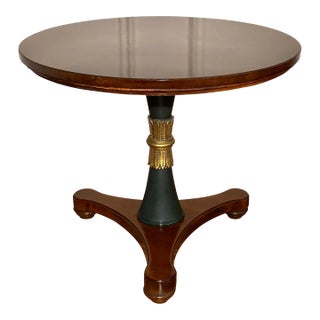 Empire Style Henredon Large Round Accent Table, Mahogany Wood, Dark Green & Gold For Sale