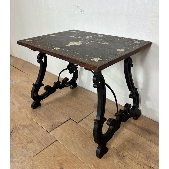 1930s Spanish Baroque Style Side Table with Floral Marquetry Top and Ebonized Base For Sale - Image 9 of 13