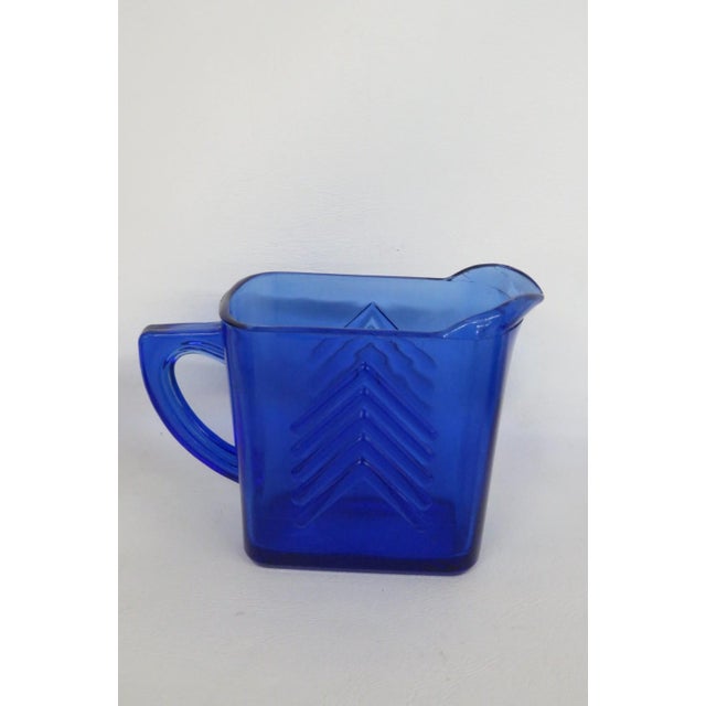 Mid 20th Century Mid 20th Century Hazel Atlas Cobalt Blue Glass Chevron 3pc Set 2 Creamers and Sugar Bowl For Sale - Image 5 of 12
