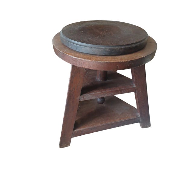 Vintage oversized French wooden stool. Stool was made inam Arts and Crafts style and swivels. Very unique piecd.