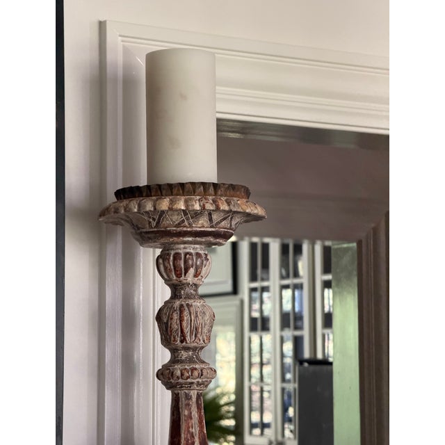 Pair of Monumental Distressed Carved Wood Pricket Floor Candlesticks, 36.5 Inches Tall For Sale - Image 10 of 12