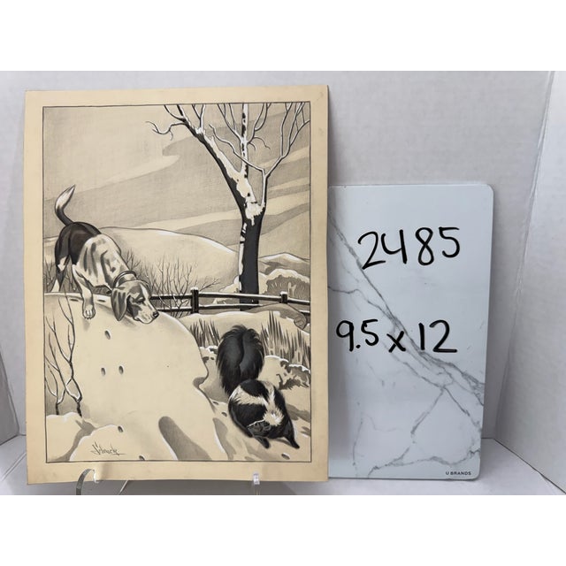 1940s Original Signed Graphite Illustration of Hound Dog and Skunk Winter Scene, 12 × 9.5 In. For Sale In Atlanta - Image 6 of 6
