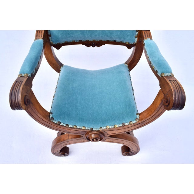 Teal Antique French Curule Throne Chair in Mohair For Sale - Image 8 of 10