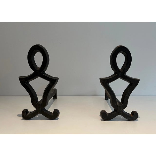 Modernist Cast Iron and Wrought Iron Andirons by Raymond Subes - A Pair For Sale - Image 6 of 13