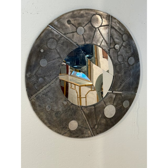 Italian Brutalist Round Mirror With Sculpted Metal Frame, 1970s For Sale - Image 4 of 7