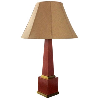 Vintage Leather Obelisk Table Lamp with Brass Trim and Custom Shade For Sale