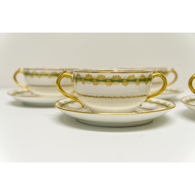 Victorian Ch Field Haviland Limoges Porcelain Gold & Green Bouillon Cups & Saucers Set of 5 For Sale - Image 3 of 11