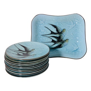 Antique French Turquoise Earthenware Dessert Set, 1890s, Set of 12 For Sale