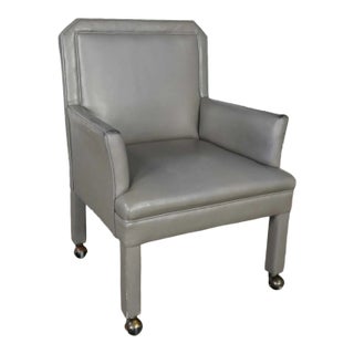 Modern Gray Faux Leather Modified Parsons Style Armed Accent Chair on Casters For Sale