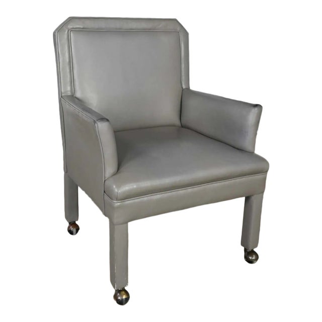 Modern Gray Faux Leather Modified Parsons Style Armed Accent Chair on Casters For Sale
