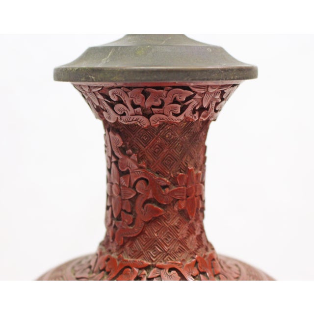 18th Century Pair of Chinese Qing Dynasty Cinnabar Vases Mounted as Lamps - Pair For Sale In Raleigh - Image 6 of 14