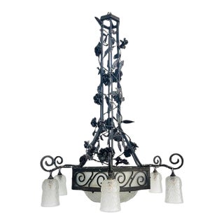 French Art Deco Wrought Iron, Glass Chandelier, Muller Freres Attributed, C1930 For Sale
