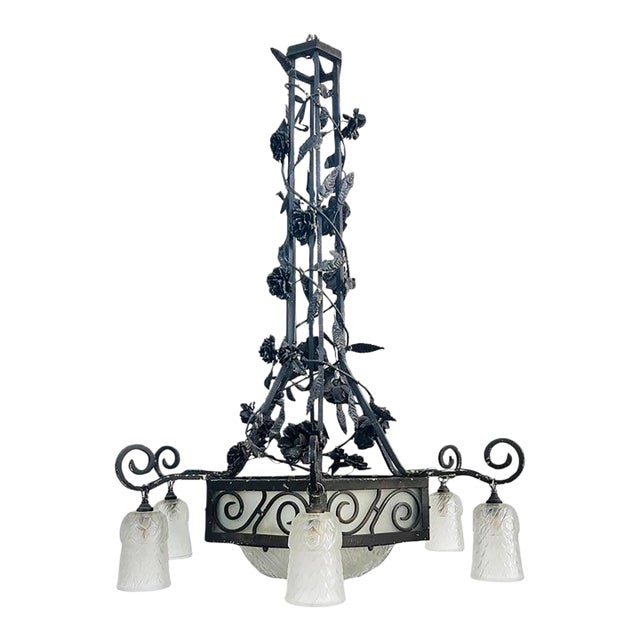 French Art Deco Wrought Iron, Glass Chandelier, Muller Freres Attributed, C1930 For Sale