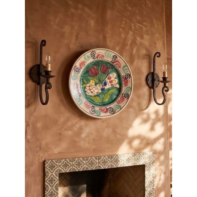 Green Vintage Hand-Painted Mediterranean Style Terracotta Ceramic Wall Hanging Plate - Bird & Tulip Motif For Sale - Image 8 of 12
