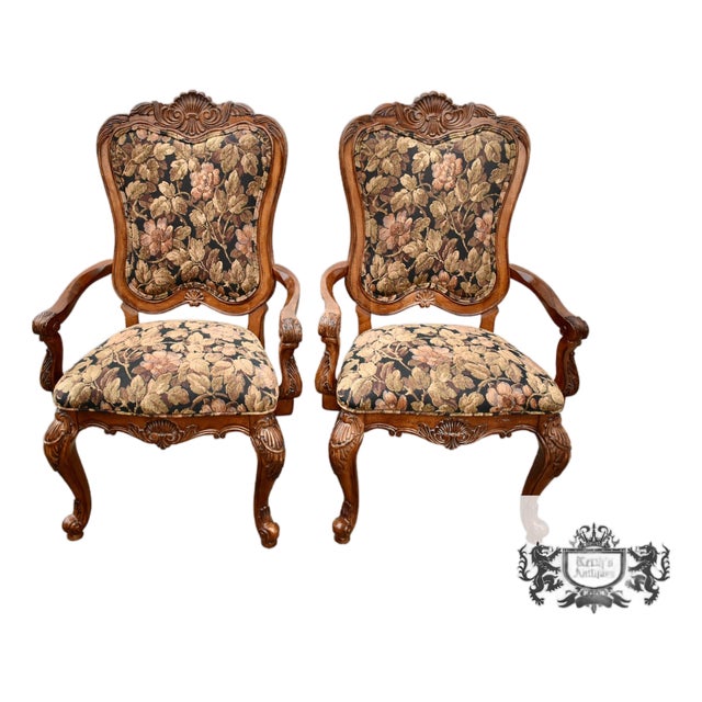 Vintage Pair of Thomasville Carved Tuscan Style Arm Chairs W/Floral Fabric For Sale