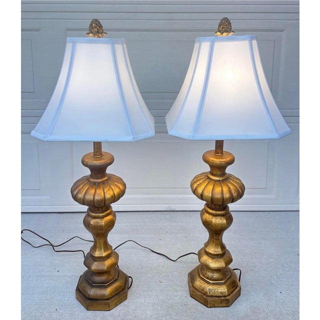Wood Pair of Monumental 1920s Italian Carved Giltwood Pineapple Table Lamps - 36" Tall Hollywood Regency For Sale - Image 7 of 18