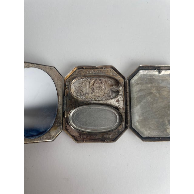 This antique 1930s Woodworth silver-plated compact is a stunning example of Art Nouveau-inspired design blended with early...