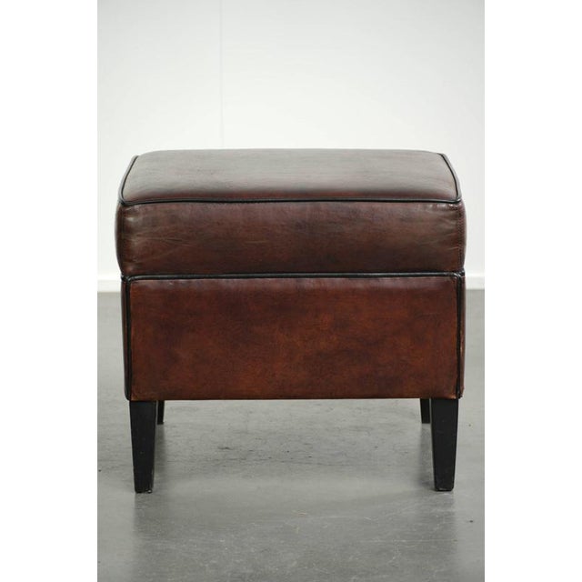 Dark Sheepskin Ottoman with Black Piping For Sale - Image 3 of 10