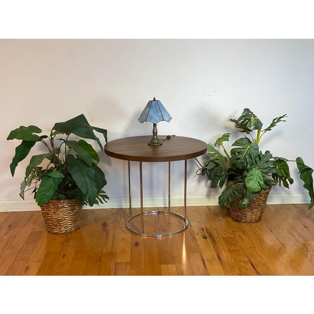 Mid 20th Century Attributed to Milo Baughman Modern Chrome and Oak Round Side Table For Sale - Image 12 of 13
