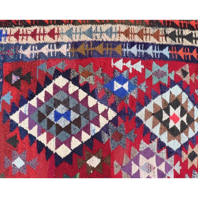 Hand Woven Vintage Qashqai Persian Kilim Rug With Bold Geometric Diamonds in Red, Blue, and Multicolor 9'1 X 16' For Sale - Image 4 of 12