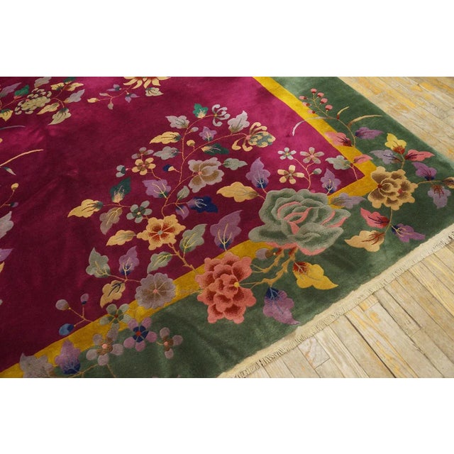 1920s Red Burgundy Floral Antique Chinese Art Deco Carpet 9' X 11'7" Knotted Wool Rug For Sale In New York - Image 6 of 12